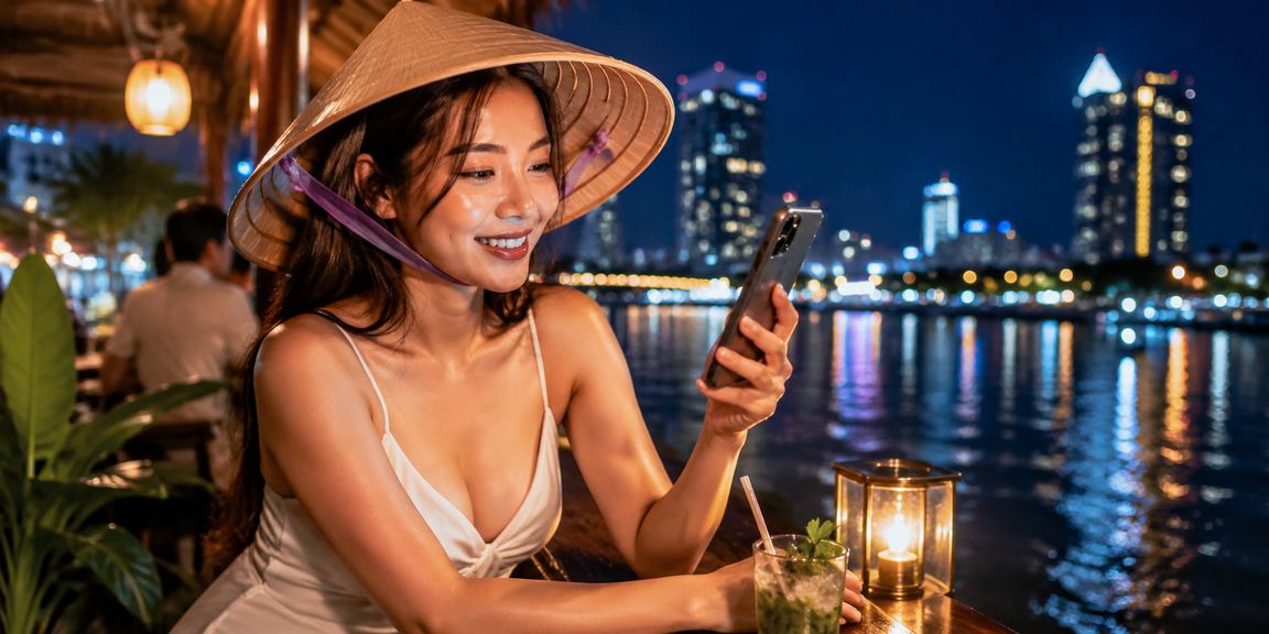 Người phụ nữ đội nón lá vùng Mekong xem kết quả xổ số trực tuyến trên điện thoại